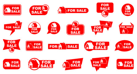 For sale house label collection in red. Vector illustration