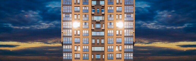 Modern buildings, walls and windows, reflections and sun rays. City view on a sunny day. 