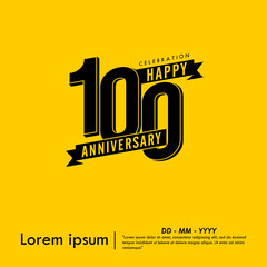 100th years anniversary celebration emblem. black logo isolated with ribbons on yellow background. vector illustration template design for web, flyers, poster, greeting card and invitation card