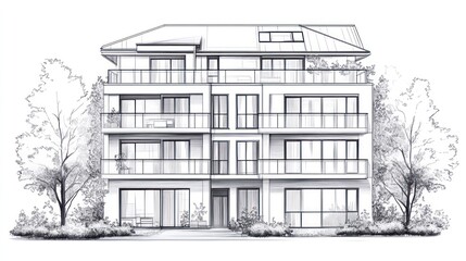 Modern building architectural sketch, urban facade, contemporary design, potential for rendering, exterior design
