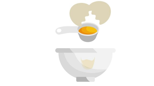 Separate Egg Whites yolks using skimmer diy animation Crack Eggshell into funnel capture yellow animated video,  Bakery and Baked Clip, Culinary and Kitchen footage, Recipe development motion graphics