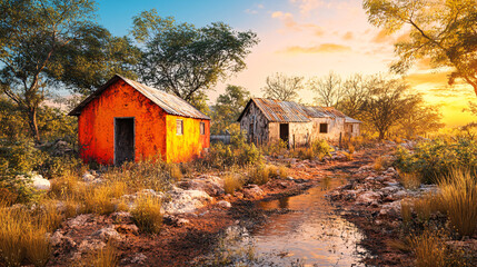 vibrant sunset illuminates post apocalyptic landscape with two rustic huts surrounded by lush vegetation and small stream. scene evokes sense of serene survival
