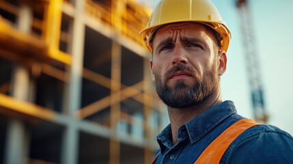 construction worker wearing hard hat and safety vest looks thoughtfully at construction site, reflecting challenges of his job. His expression conveys determination and focus