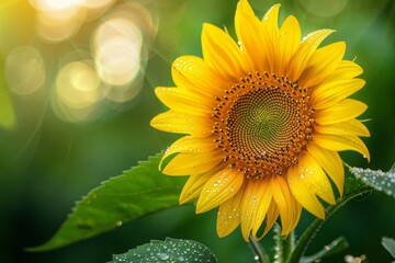 Naklejka premium Bright Sunflower with Dew Drops Against a Blurred Green Background