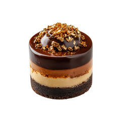 A beautifully layered dessert featuring chocolate, caramel, and a crunchy topping, elegantly presented in a round shape.