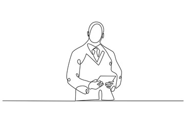 Continuous one line drawing of young man Doctor. Single line drawing illustration of Doctor healthy program. Medical innovation concept vector art. Doodle line illustration.