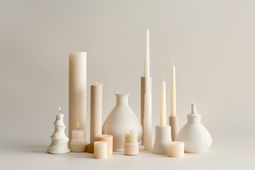 Elegant Arrangement of Neutral Candles and Decorative Vases on Surface