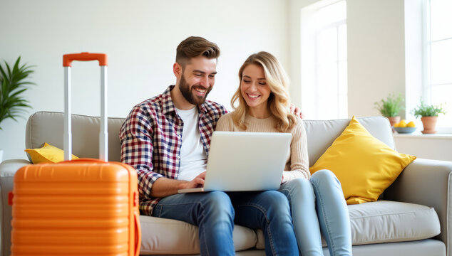 A happy couple, a man and a woman, are sitting in a room looking at a laptop, and their travel suitcases are next to each other
