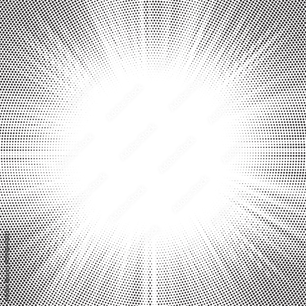 Fototapete Halftone gradient sun rays pattern. Abstract halftone vector dots background. monochrome dots pattern. Vector background in comic book style with sunburst rays and halftone. Retro pop art design.