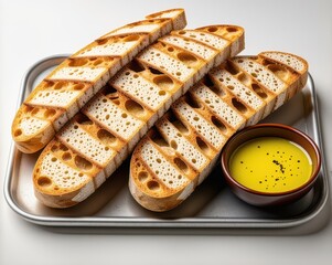 Ciabatta bread, torn and sliced, on metal tray with olive oil dip in small bowl Generative AI