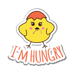 Sticker with cute hungry yellow chicken in eggshell with a worm in its beak. Postcard vector illustration isolated on white background.