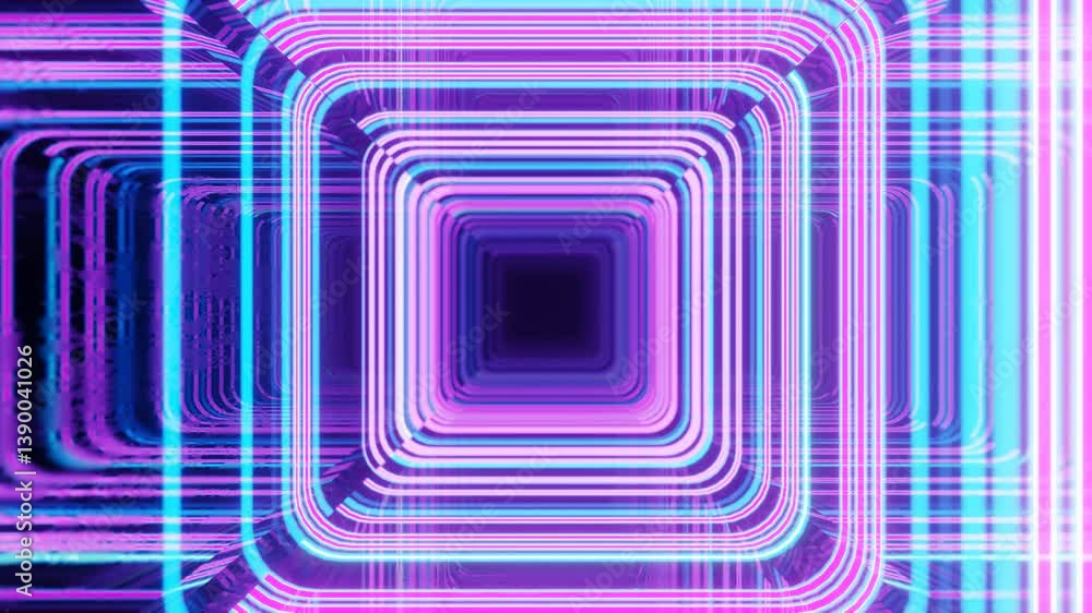 Poster blue purple line pattern. 4k seamless looped animation. fly through mirror tunnel with neon pattern,