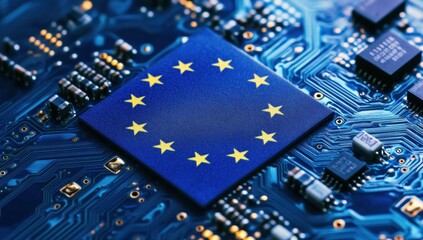 EU flag on circuit board.  Digital technology and European regulations