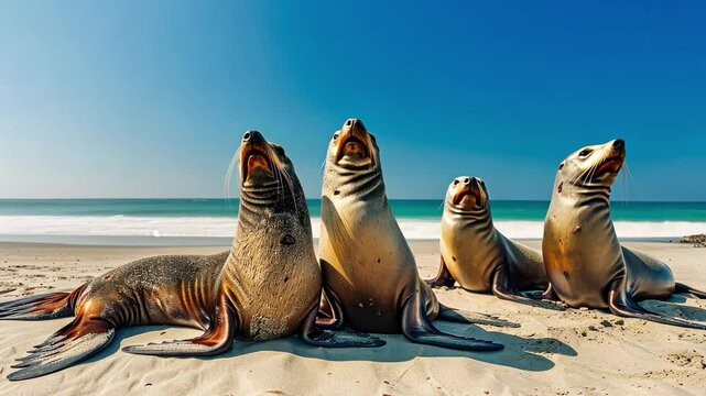 Coastal Companions: A quartet of sea lions basking under the warm coastal sun, their sleek forms contrasting against the sandy beach and the azure expanse of the sea.