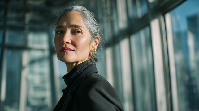 Bellissima donna di 45 anni con vestito elegante in un moderno ufficio con ampie vetrate e vista sulla citt&agrave;