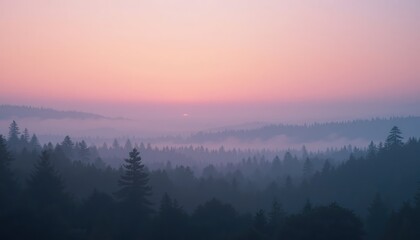 Fototapeta premium Serene sunrise over misty forest landscape nature photography tranquil environment aerial view peaceful atmosphere