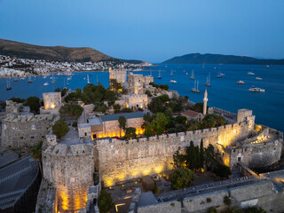 Bodrum Castle nd City Drone Photo, Bodrum Beach and Marina, Bodrum Mugla, Turkiye (Turkey)