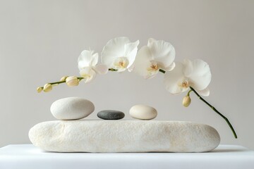 Serene white orchids gracefully arch over smooth, calming stones, evoking tranquility.