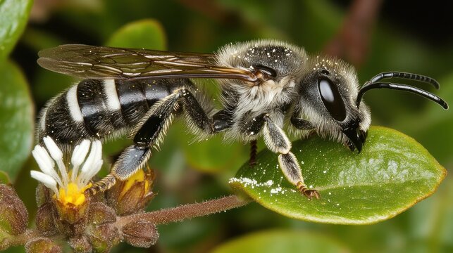 Macro shot of a native Australian bee on a coastal plant leaf detailed