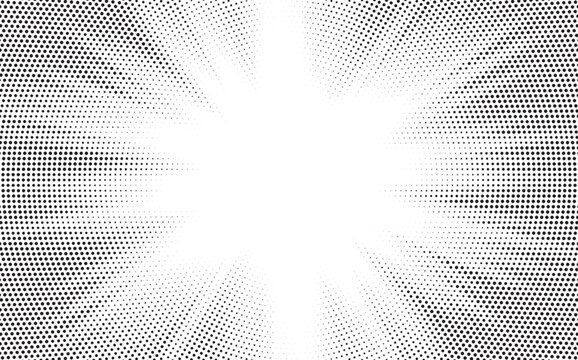 Halftone gradient sun rays pattern. Abstract halftone vector dots background. monochrome dots pattern. Vector background in comic book style with sunburst rays and halftone. Retro pop art design.