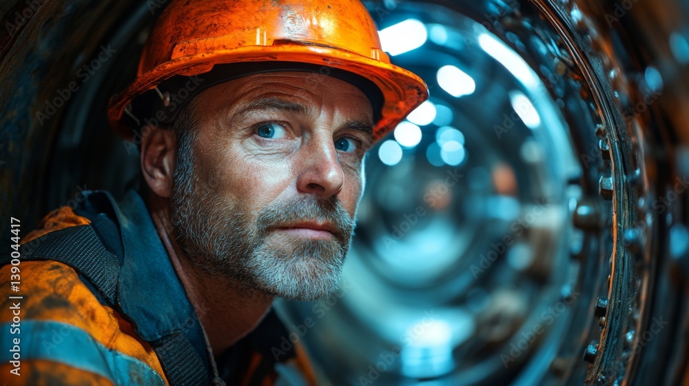Poster miner in bright safety helmet inspects equipment in a dimly lit tunnel during an extraction operatio