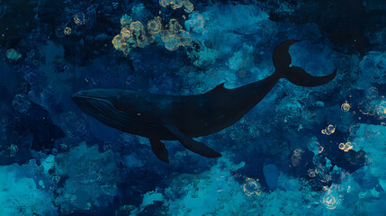 Fototapeta premium scene with dark blue water, distant glowing creatures, and the shadowy outline of a large whale passing by 