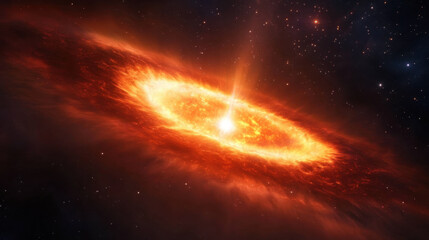 Obraz premium stunning cosmic scene featuring vibrant, glowing galaxy with central bright star surrounded by swirling gas and dust. colors evoke sense of wonder and mystery in vastness of space