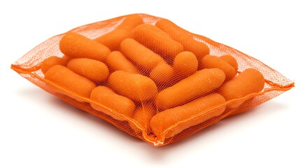Pile of Baby Carrots in Orange Mesh Bag on White Surface