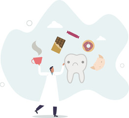 Desserts around sick tooth vector illustration.dentist warns of health hazards.flat character life .