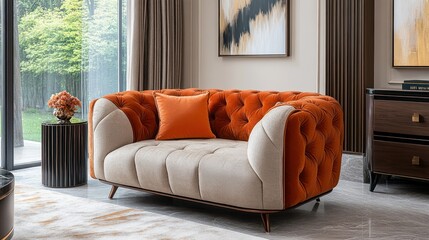 Modern two-seater sofa with tufted backrests in orange and beige