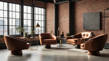 Modern industrial-style office with exposed brick walls