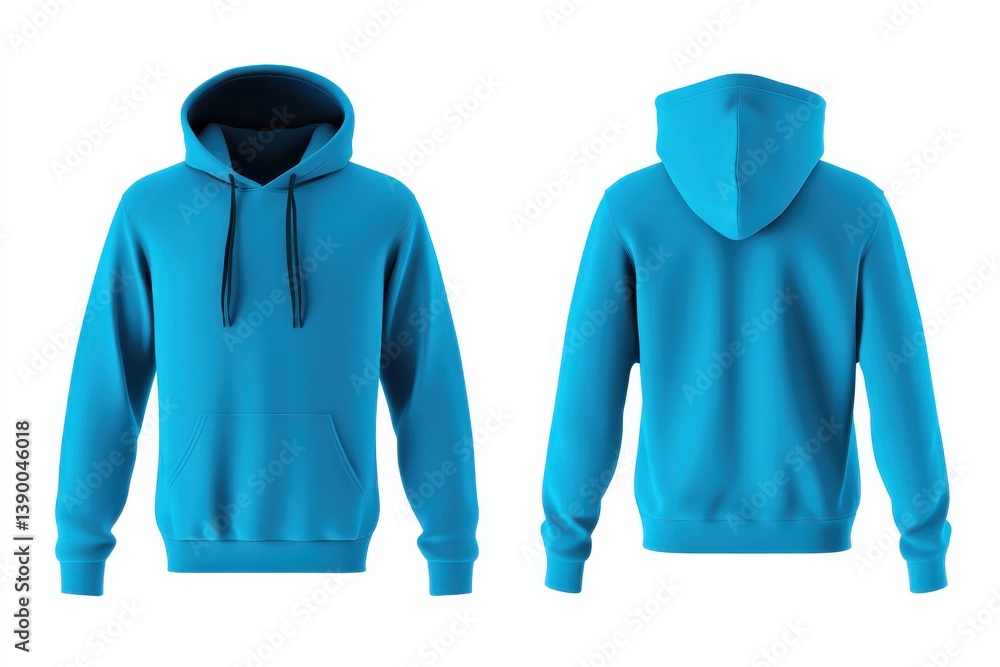 Poster bright blue hoodie displayed from front and back perspectives highlighting design and color
