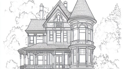 Historic Victorian House Drawing; Architectural Design; Detailed Exterior