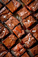Overhead view of many salted caramel brownie bites drizzled with caramel and sprinkled with sea salt flakes.