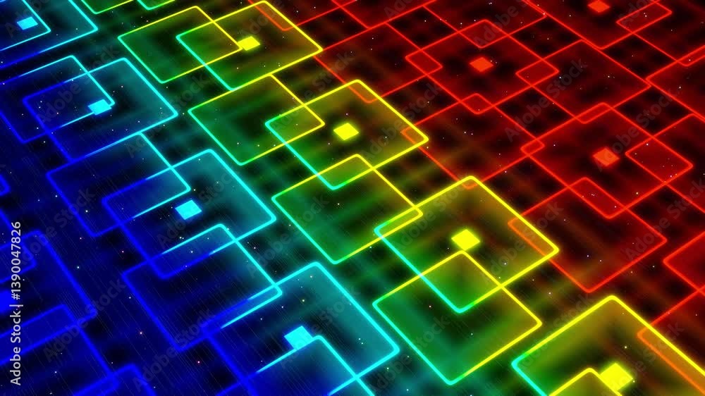 Poster rectangles. vj abstract sci fi futuristic bg. fly over 3d multilayer hologram complex pattern. neon 