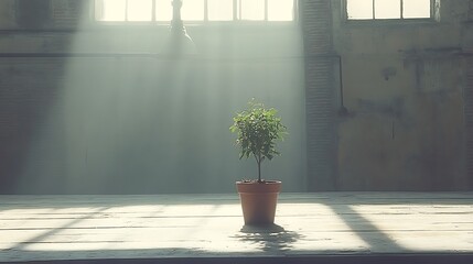 A small potted plant stands inside a building with sunlight streaming through