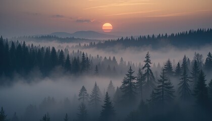 Dramatic sunrise over misty forest landscape nature photography tranquil environment aerial view serene concept for outdoor enthusiasts