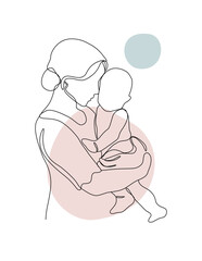 Mother and baby continuous line art vector illustration, mothers day celebration background. A mom hug the baby one line art poster.
