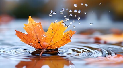 Autumn leaf on water with water droplets