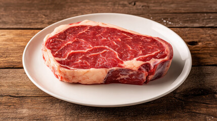 Fototapeta premium Fresh ribeye steak on white plate, showcasing marbling and rich red color, perfect for grilling or cooking. This high quality cut is ideal for meat lovers and culinary enthusiasts