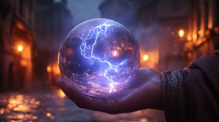 Fototapeta premium Mystical crystal ball glows with energy in a dark city street
