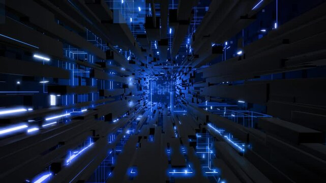 3d looped abstract background with data blocks. Information technology concept with data flow. Blue dark sci fi bg fly through hi tech digital space, neon light. Data flow in blockchain or bigdata.