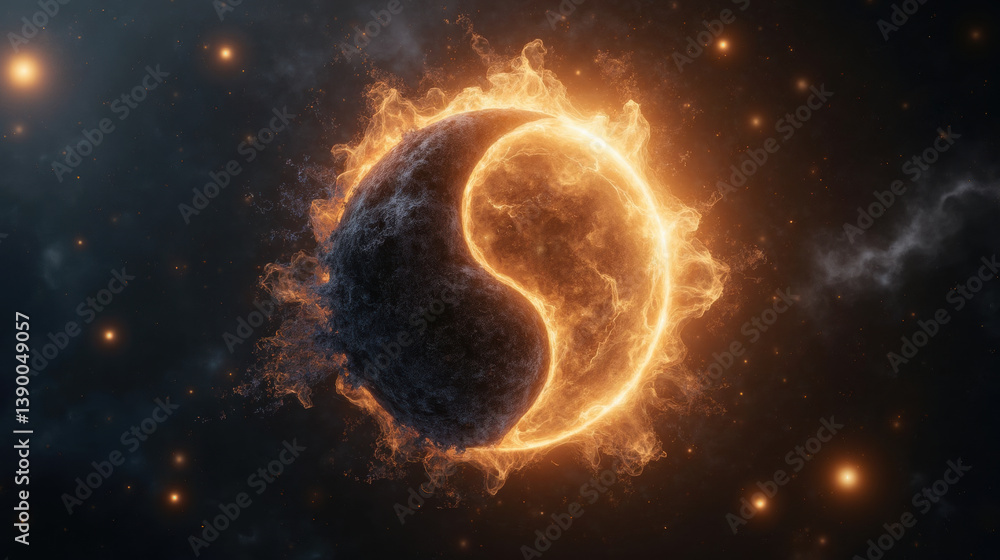 Poster cosmic yin yang symbol surrounded by fiery elements, representing balance and harmony in universe. g