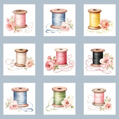 Warm pastel spools, nestled amongst blossoms, create a sweetly feminine aesthetic, lovely for wedding stationery, fabrics and spring themed concepts.