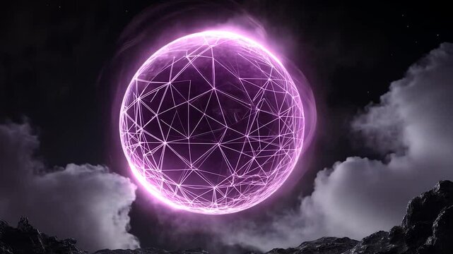 Glowing network sphere, night sky, clouds, digital art, website header