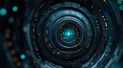 futuristic, glowing, circular tunnel with intricate patterns and blue lights creates sense of depth and technology