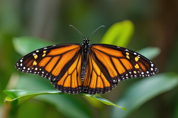 Obraz premium A monarch butterfly with vibrant orange and black wings, dotted with white, rests on a green leaf.