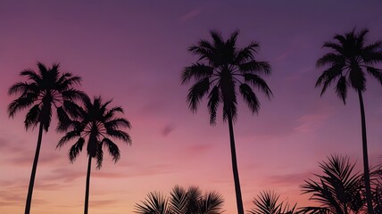 Fototapeta premium Multiple palm tree silhouettes at dusk with a gradient sky from pink to purple