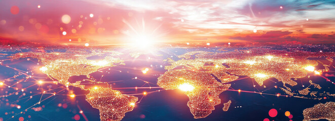 Obraz premium vibrant digital world map with glowing connections and sunrise, symbolizing global communication and technology