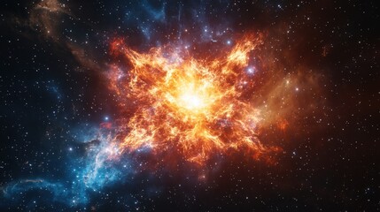 Fototapeta premium Bright and Colorful Explosion in Space with Stars and Galaxies in the Background, Cosmic Formation and Nebulae in the Universe